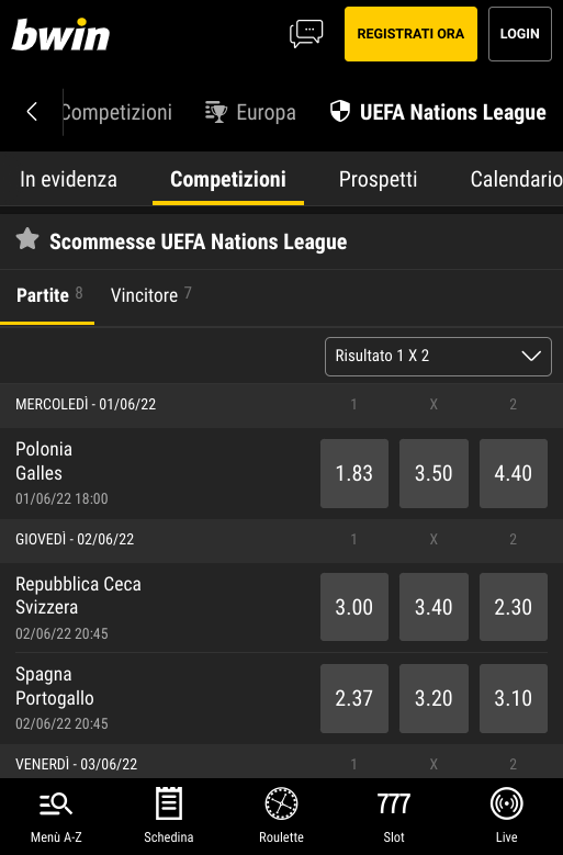 BWIN quote mercati scommesse Nations League