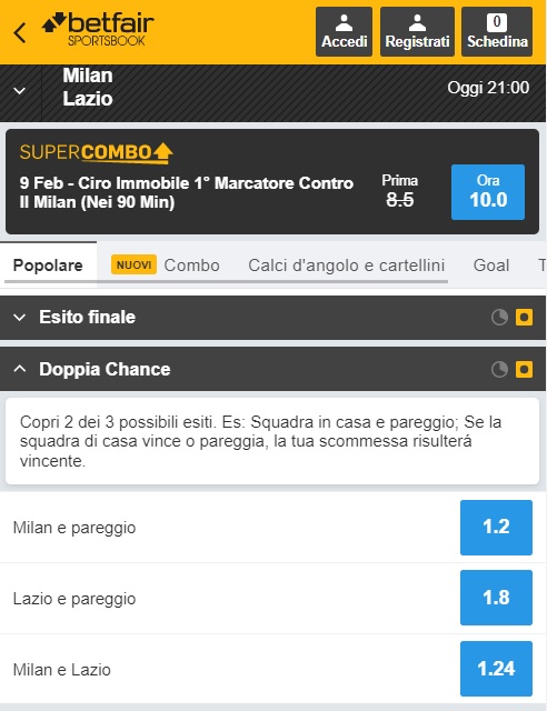 Betfair Doppia chance