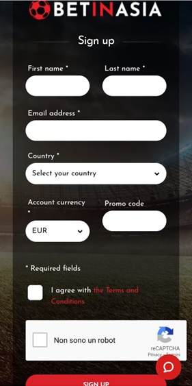 Betinasia sign up screen