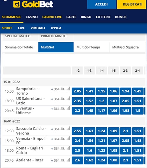 quote multigol Goldbet