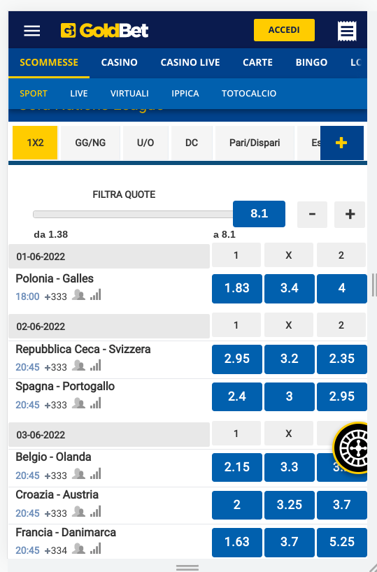 Goldbet Quote Mercati Nations League