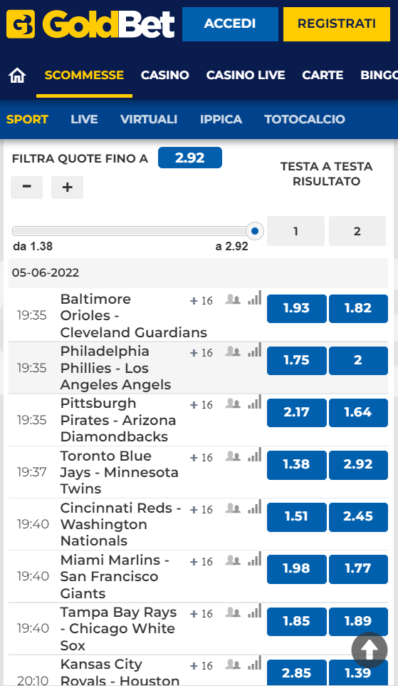 Scommesse Baseball MLB Goldbet