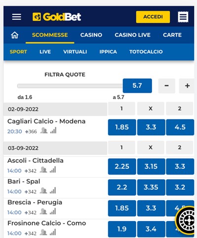 Quote Goldbet Serie B