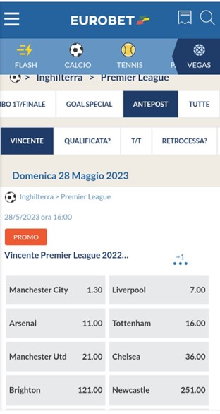 Quote Premier League Eurobet