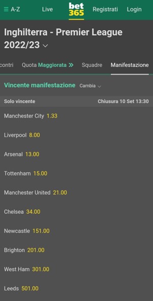 scommesse vincente premier league bet365