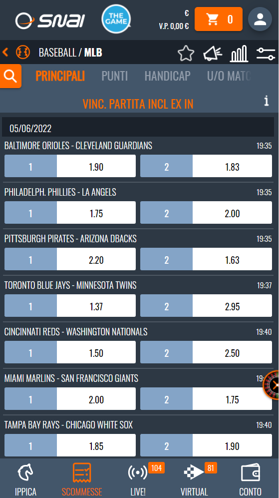 Scommesse Baseball MLB Snai