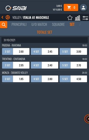 Scommesse set volley SNAI