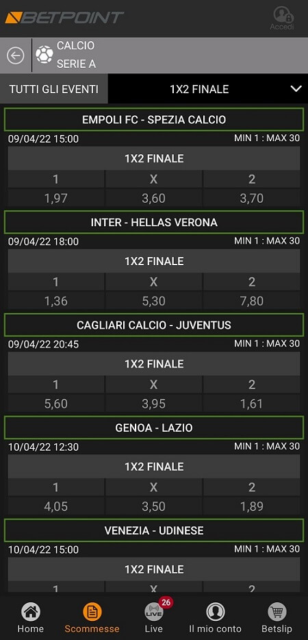 App scommesse betpoint