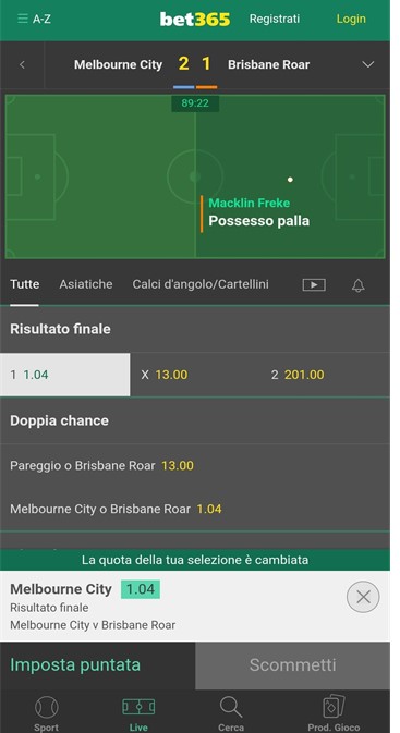 bet365 app imposta scommessa