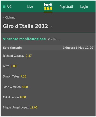 bet365 quote giro d'italia