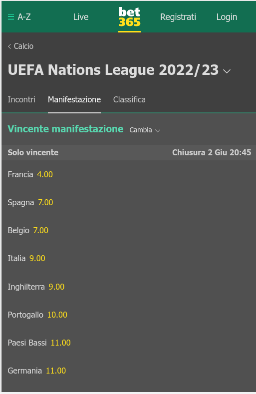 bet365 quote mercati scommesse nations league