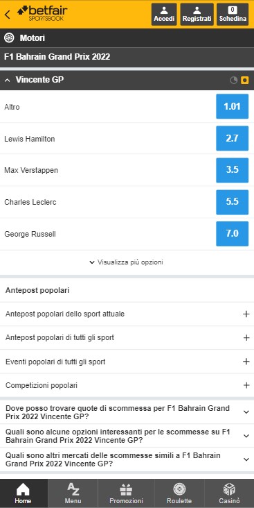 scommesse formula 1 betfair