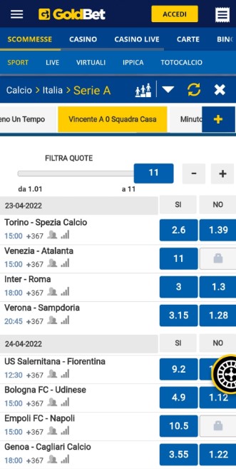 Goldbet vincente a zero quote