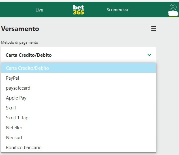 metodi di deposito bet365