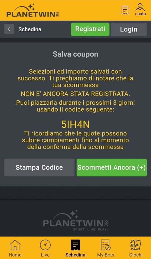 prenota scommesse codice planetwin365