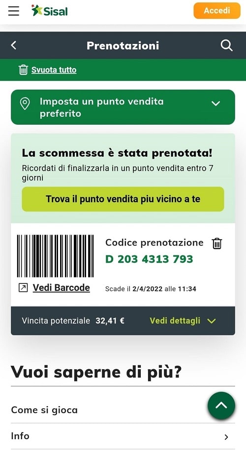 prenota scommesse codice sisal