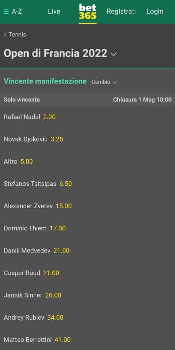 scommesse french open bet365