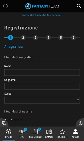 registrazione app fantasyteam