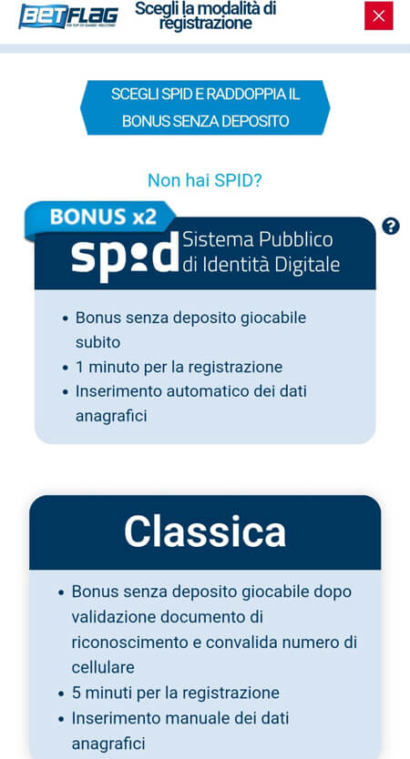 registrazione betflag spid classica 