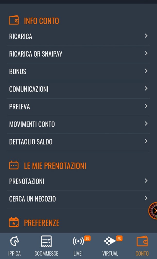 ricarica conto app snai