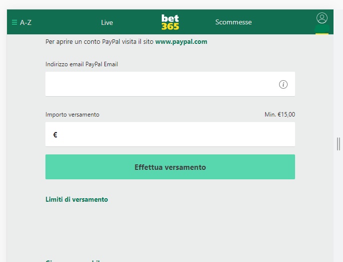 ricarica paypal bet365