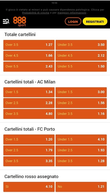 scommesse cartellini 888