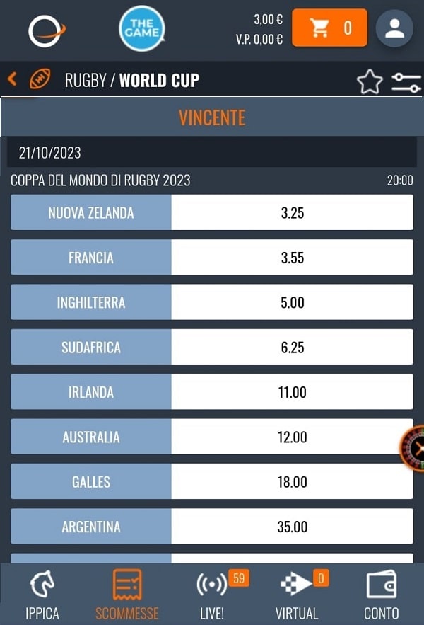 scommesse mondiali rugby snai